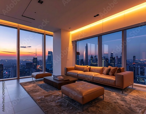 Modern high rise living room featuring panoramic skyline and contemporary interior design