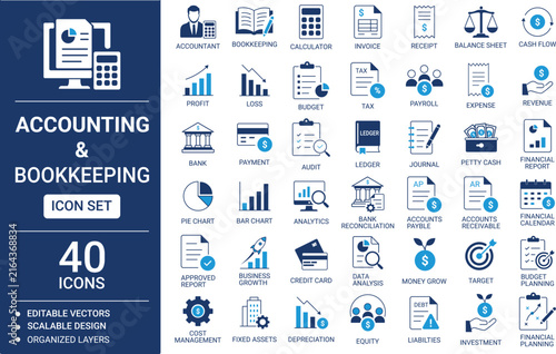 Accounting and Bookkeeping Icons Set with Finance, Tax and Business Symbols