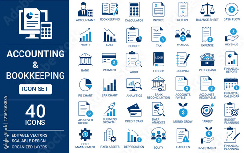 Accounting and Bookkeeping Icons Set with Finance, Tax and Business Symbols