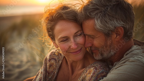 Mature couple embracing affectionately while enjoying a romantic warm sunset during a peaceful evening walk on the golden sandy beach