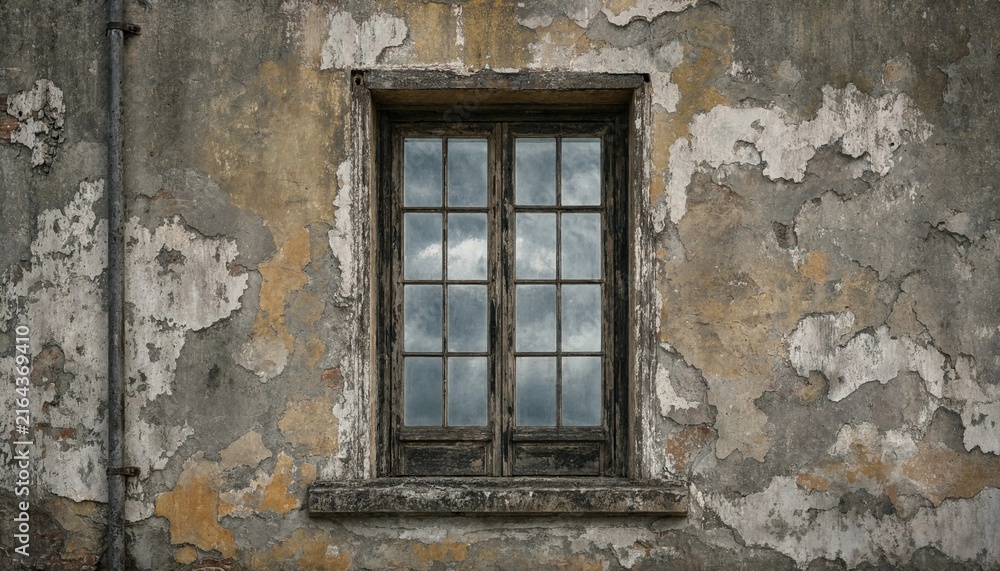 Obraz premium Old weathered wall with a rustic wooden window frame reflecting a cloudy sky