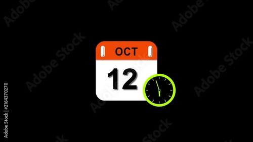 Oct 12 date 2026 animation . clock and black background clean and stunning 4k animation.