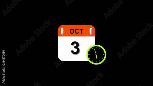 Oct 3 date 2026 animation . clock and black background clean and stunning 4k animation.