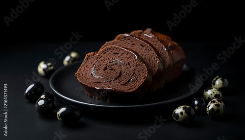 Delicious sliced chocolate pound cake served on a black plate with dark aesthetic background