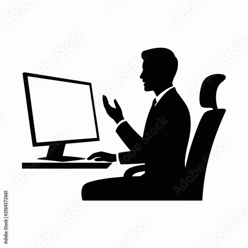 Businessman Working Desktop Computer Silhouette Vector Graphic Icon