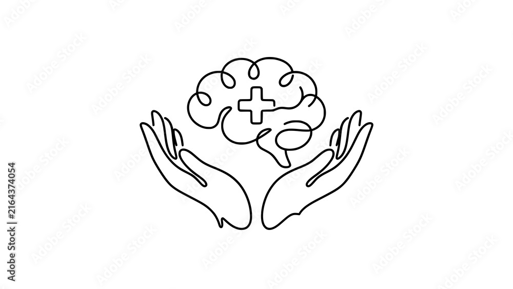 Obraz premium Continuous line drawing of human hands holding a medical brain health icon