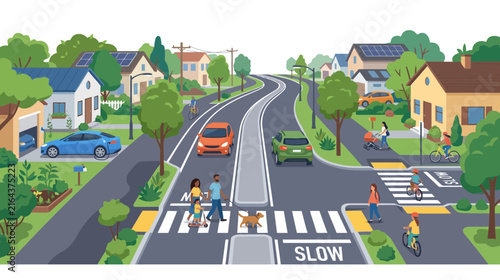 Sustainable Suburban Street with Eco-Friendly Homes and Active Transportation