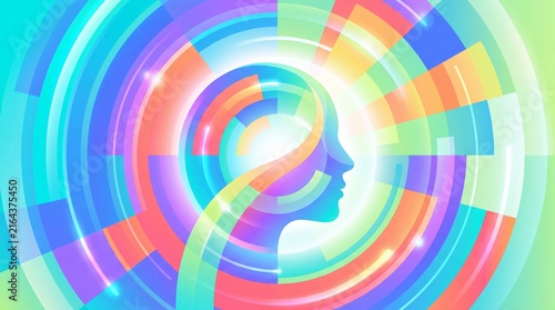Vibrant Abstract Human Head Silhouette with Concentric Rings, Symbolizing Mind, Creativity, and Innovation