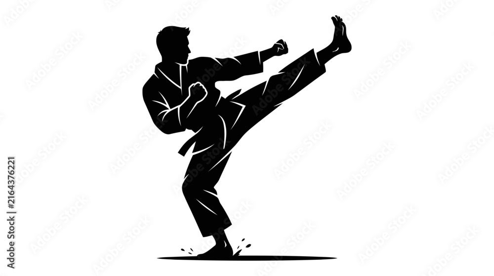 Fototapeta premium Karate silhouette of a man performing a high kick, martial arts action, isolated on white