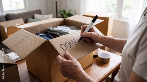 Close-up of a person writing 'DONATE' on a cardboard box filled with used clothes for charity.