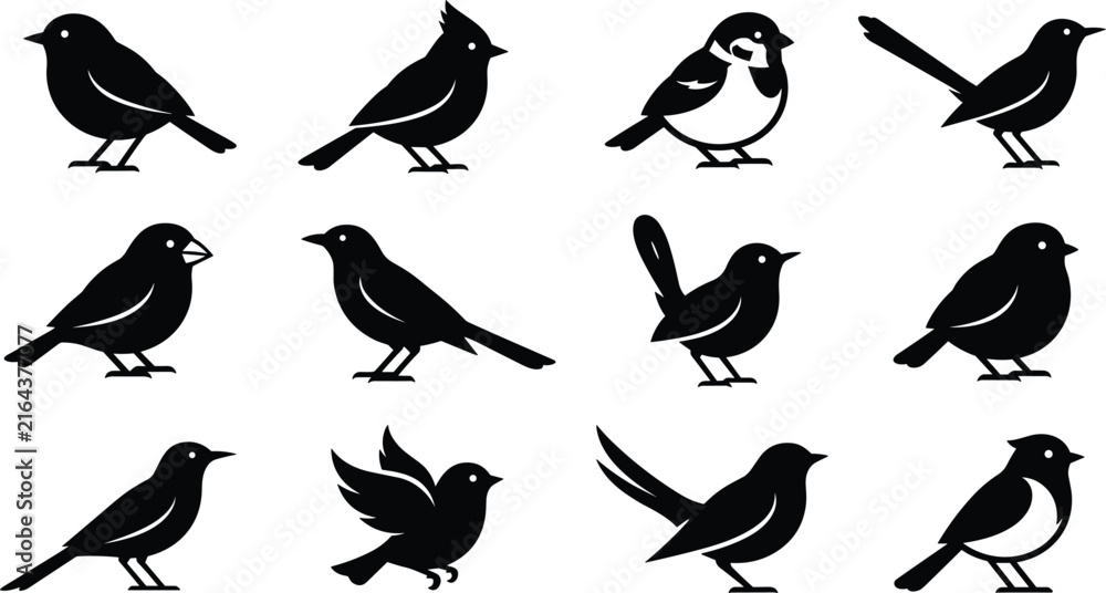 Fototapeta premium Black bird silhouette vector set with flying and standing bird illustrations