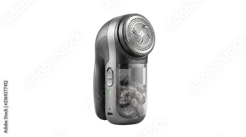 Electric fabric shaver for clothing care, portable lint remover tool, modern handheld sweater defuzzer with transparent fuzz bin isolated PNG with Transparent Background