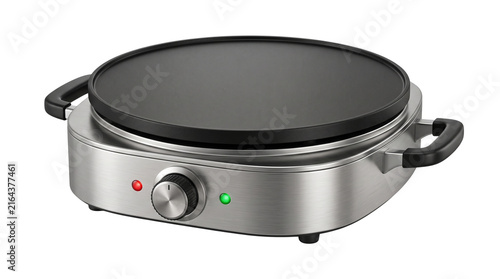 Electric crepe maker with stainless steel base, professional pancake griddle for home kitchen, non-stick round hot plate with temperature dial isolated PNG with Transparent Background