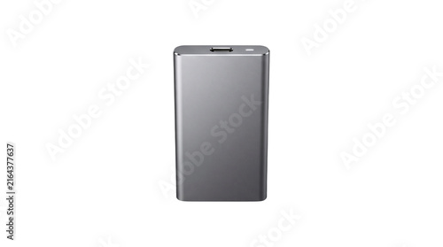 Metallic silver power bank, portable external battery charger for mobile devices, sleek aluminum backup power supply for travel isolated PNG with Transparent Background