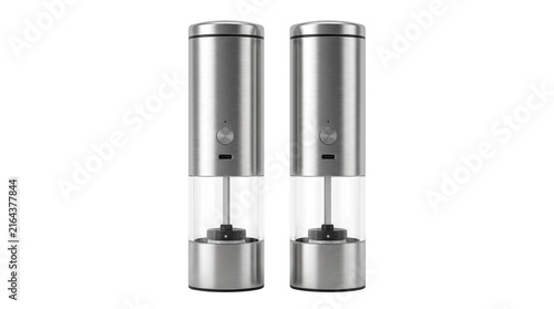 Modern electric salt and pepper grinder set, stainless steel automatic spice mills, rechargeable kitchen seasoning tools isolated PNG with Transparent Background