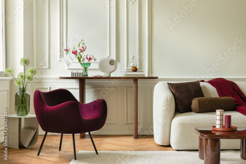 Принти на полотні Elegant and cozy modern living room interior design with stylish furniture, whit