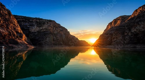 Stunning Sunset Over Serene River with Towering Cliffs in a Peaceful Landscape