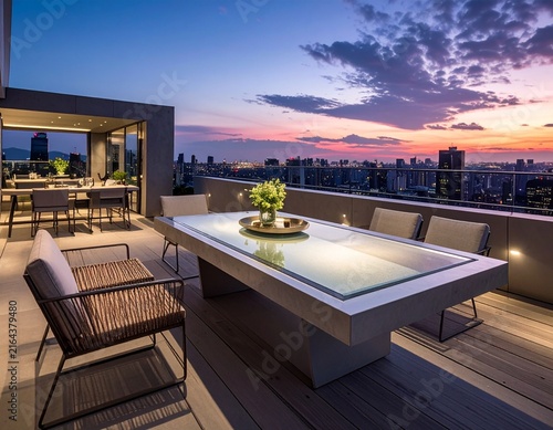 Outdoor terrace furnished with lounge chairs and table overlooking an illuminated city