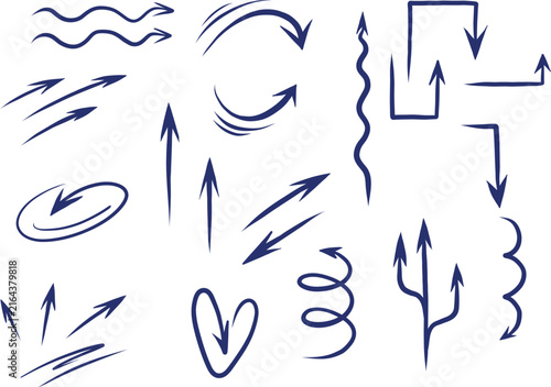 Set of various directional and decorative arrows in a simple line-art style on a white background. Includes basic directions, curves, spirals, hearts, lighting bolts and other dynamic elements. Vector