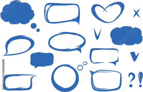 Set of 15 different blue frames and symbols for text or icons in a hand-drawn style on a white background. Includes classic speech bubbles, thought clouds, arrows, punctuation marks, and decorative sh