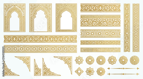 Elegant Gold Islamic Border Frame and Mihrab Arch Decorative Collection for Traditional Ornamental Architectural Design Projects