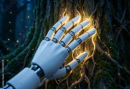 Robotic Hand Touching Mossy Tree Trunk with Glowing Electrical Energy in Forest