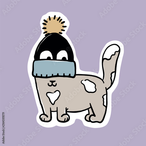 Cartoon-style illustration of a standing cat wearing a black knit cap with a yellow pom-pom and a blue scarf that covers its nose. The cat has a small heart on its chest and is drawn in simple outline