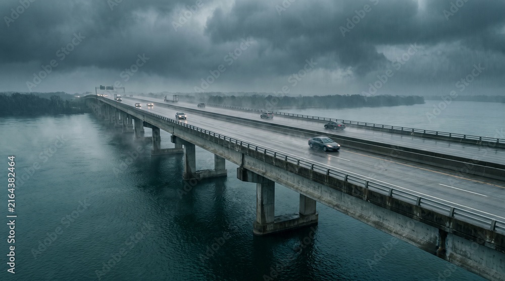 Obraz premium Cars travel across a concrete highway bridge under a stormy sky