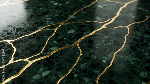 Dark emerald green terrazzo background with liquid gold Kintsugi veins