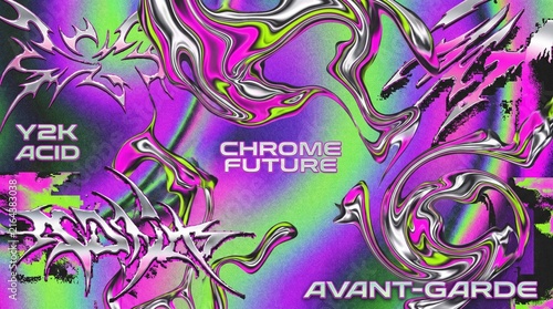 Y2K acid graphic background with distorted chrome shapes on grainy gradient