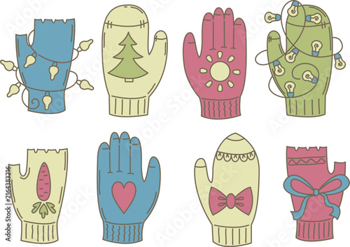 Set of eight colorful cartoon-style mittens with different patterns and designs including a carrot, heart, bow tie, string lights, Christmas tree ornament, present box, sun face, and pine tree. Vector