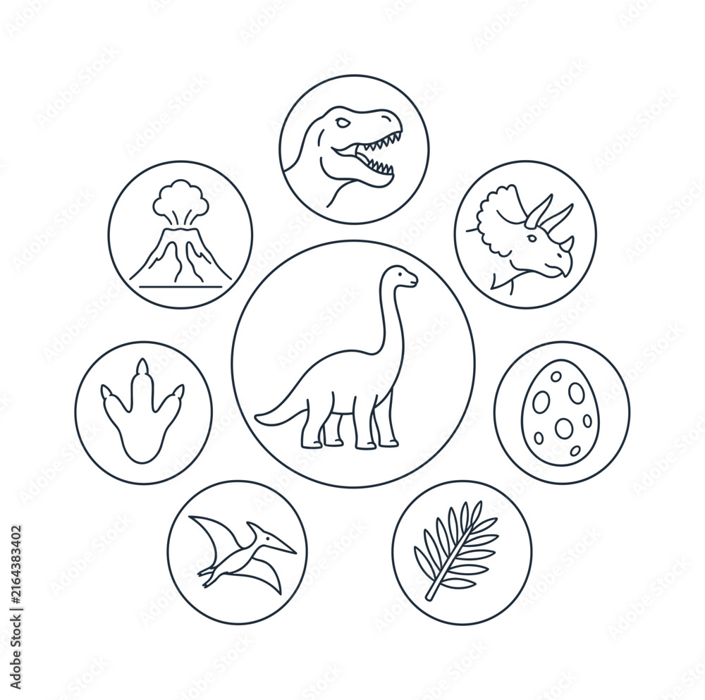 Fototapeta premium Collection of line art icons representing dinosaurs and prehistoric elements