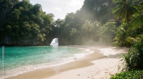 Turquoise water laps sandy shore near lush tropical vegetation