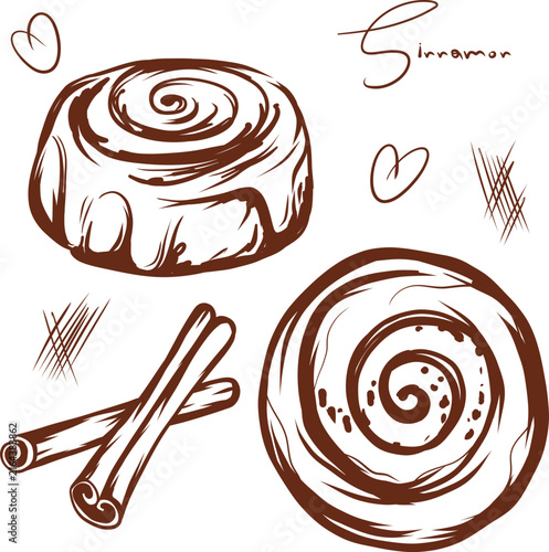 Brown stylized illustrations of a cinnamon stick and two types of cinnamon rolls with hearts and brush strokes on a white background. Vector illustration