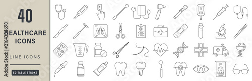 Medical & Healthcare Line Icons - Diagnostics, Surgery, Pharmacy, Dentistry, Ophthalmology, First Aid - Editable Stroke Vector Set