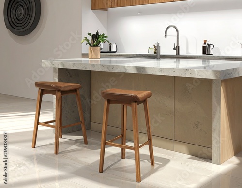 Sunlit contemporary kitchen with a large island, stainless steel fixtures, and wood finishes