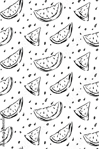 Monochromatic watermelon slices with visible seeds in a dynamic arrangement on a white background. Perfect for culinary designs or as an elegant summer-themed pattern. Vector illustration