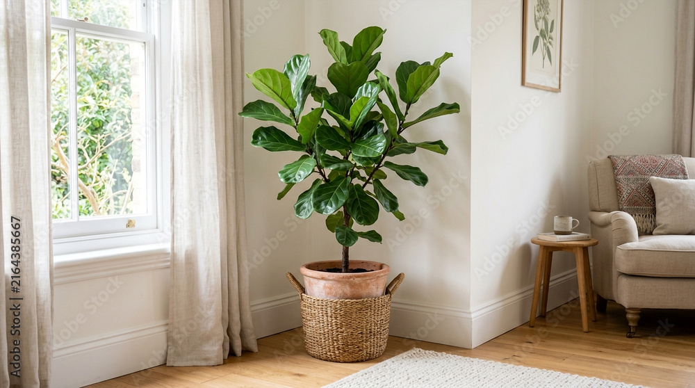 Fototapeta premium Fiddle leaf fig tree in terracotta pot and basket in bright living room