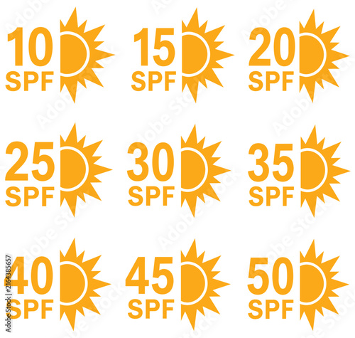 Collection of SPF sun protection factor icons numbered 10 to 50 representing sun safety and skincare isolated on white background