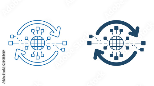 Circular arrows around globe icon with data connection points representing global data exchange and synchronization