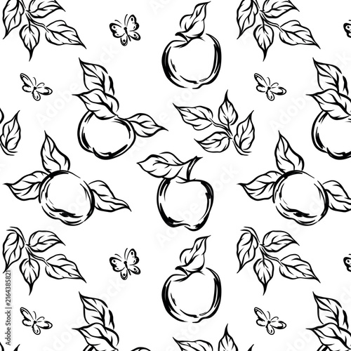 Monochromatic apple seamless pattern featuring whole fruits with leaves and delicate butterflies in a dynamic arrangement. . Vector illustration