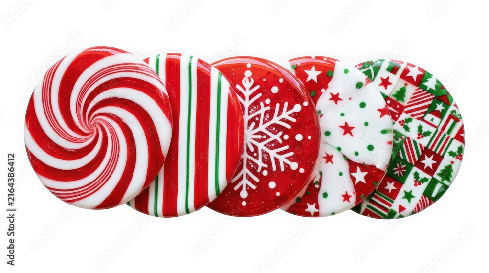 Obraz premium Set of five decorative christmas themed glass coasters isolated on transparent background