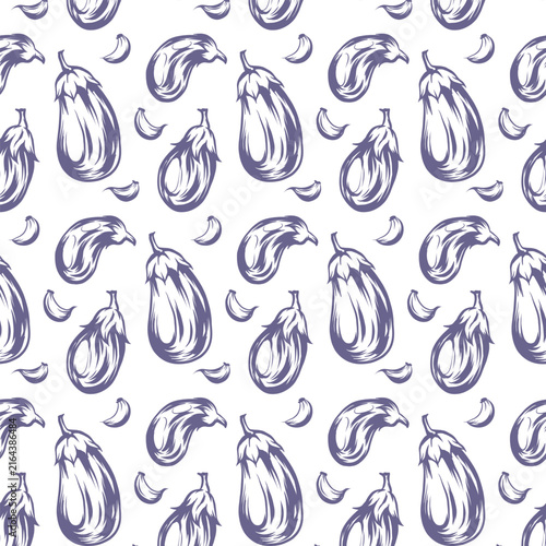 Seamless eggplant pattern with dynamic sketches of whole and sliced vegetables in various directions. Perfect for culinary designs or as an elegant background. Vector illustration