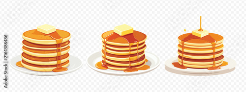 Delicious pancake stack with syrup vector illustration set