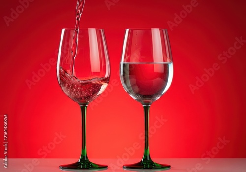 Two elegant wine glasses with green stems, one being filled with red wine and the other containing clear water against a vibrant red background