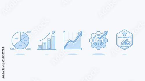 Infographic elements showcasing blue business analytics and financial metrics presented horizontally on a clean surface.