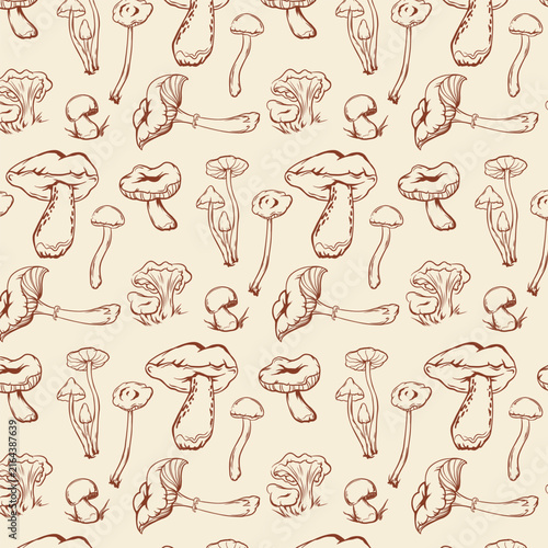 Monochromatic seamless mushroom pattern featuring various sketches of whole and tilted caps in different directions on a light background. Vector illustration