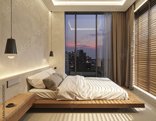 Modern bedroom with panoramic window, wooden furniture, and ambient wall lighting