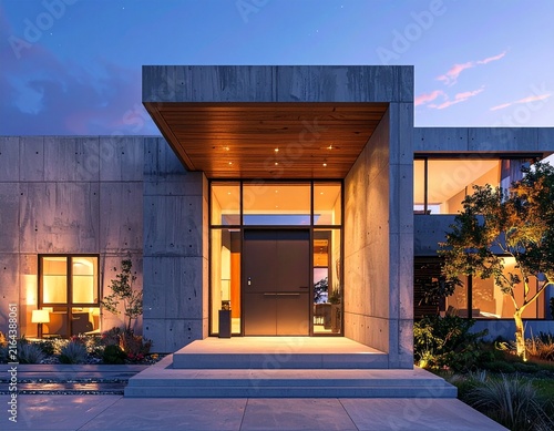 Modern house entrance with concrete walls, warm lighting, and landscaped garden at dusk