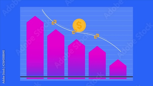 Declining bar chart animation showing falling financial revenue with floating golden dollar coins moving in this digital motion graphics video